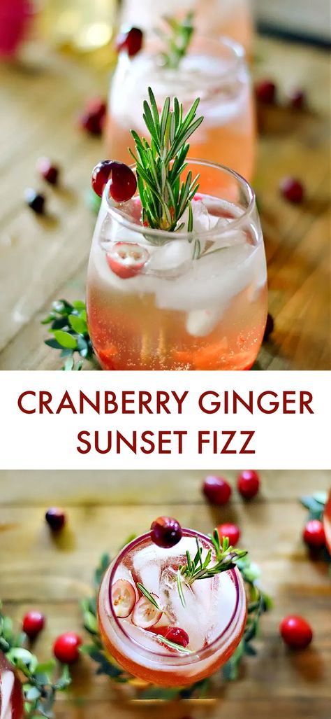 Cranberry Ginger Sunset Fizz is made with fresh cranberries, gin (or ginger beer – mocktail version), natural flavors of ginger, lime, and all the fizz! You can enjoy this drink as a delicious and refreshing cocktail or mocktail. It’s absolutely perfect for the holiday season! Gingerale Cocktail, Ginger Mocktail, Drinks With Cranberry Ginger Ale, Cranberry Gingerale Cocktails, Gingerbeer Mocktail Recipe, Drinks With Ginger Beer, Spiced Apple Ginger Fizz Mocktail, Ginger Beer Holiday Cocktail, Ginger Beer Cranberry Mocktail