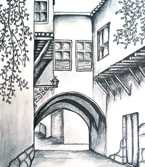 Boho Pencil Drawings, Building Landscape Drawing, Colorable Drawings, Drawing Buildings Sketch Easy, Building Sketch Simple Architectural Drawings, Easy Building Drawings, Easy Architecture Drawing, Pencil Art Drawings Landscape, Pencil Sketches Architecture