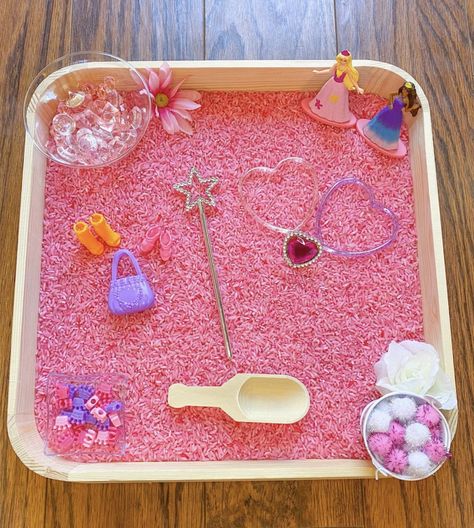 Barbie Sensory Bin, Princess Sensory Bin, Dyed Rice, Kids Sensory Activities, Valentine Sensory, Princess Activities, Fairytale Land, Montessori Trays, Sensory Tubs