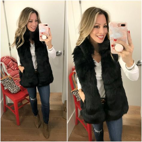 Black Friday Sales GAP faux fur vest Black Fur Gilet Outfit, Black Faux Fur Vest Outfit, Black Fur Vest Outfit Ideas, Fur Vest Outfit Dressy, Vests Outfits, Black Fur Vest Outfit, Edgy Office Fashion, Faux Fur Vests Outfits, Fur Vest Outfit