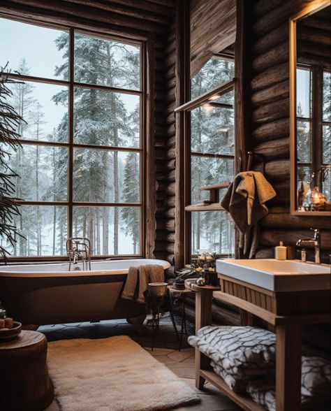 Cabin Mountain Interior, Cabin Bathroom Aesthetic, Cabin House Bathroom, Pnw Home Aesthetic, Cozy Cabin Bathroom, Luxury Winter Cabin, Cabin House Aesthetic, European Cabin, Mountain Cabin Aesthetic