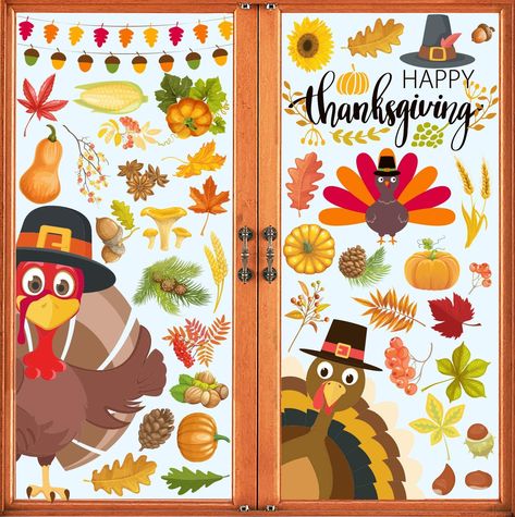 Turkey Window Art, Thanksgiving Window Painting, Thanksgiving Decals, Fall Windows, Window Kitchen, Holiday Turkey, Fall And Thanksgiving, Window Cling, Thanksgiving Holiday