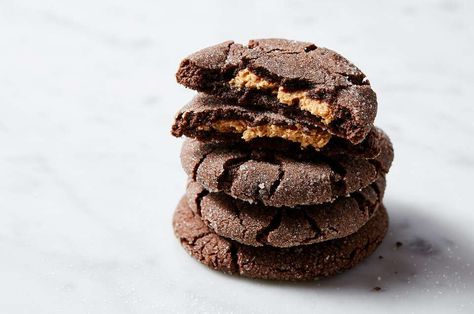 Magic in the Middles Recipe | King Arthur Baking: Peanut-butter filled soft chocolate cookies Soft Chocolate Cookie, Fall Fun Food, King Arthur Baking, King Food, Chocolate Peanut Butter Cookies, Chocolate Peanut Butter Cups, Molasses Cookies, Peanut Butter Filling, Baking Company