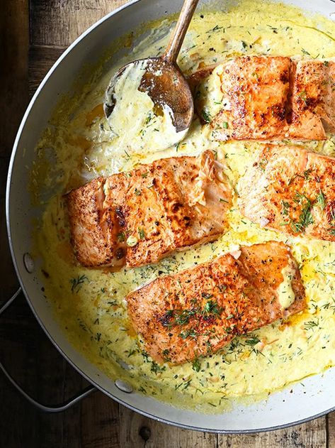 Salmon in Creamy Dill Sauce - Serving Dumplings Salmon Sauce, Dill Salmon, Creamy Dill Sauce, Sauce For Salmon, Breakfast Soup, Fancy Dinner Recipes, Creamy Cucumber Salad, Dill Sauce, Shrimp Recipes For Dinner