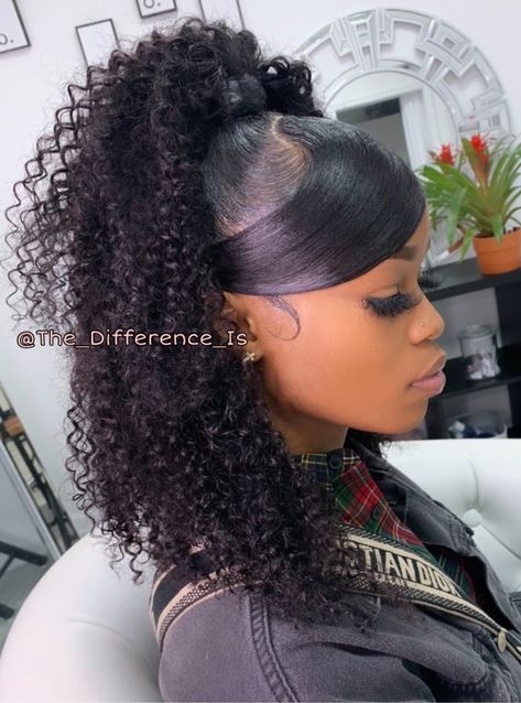 Curly Puff Ponytail Weave, Curly Ponytail With Swoop, Half Up Half Down With Swoop Curly Hair, Swoop Hairstyles Curly Hair, Half Up Half Down With Swoop, Vixen Crochet, Swoop Ponytail, Natural Hair Ponytail, High Ponytail Hairstyles