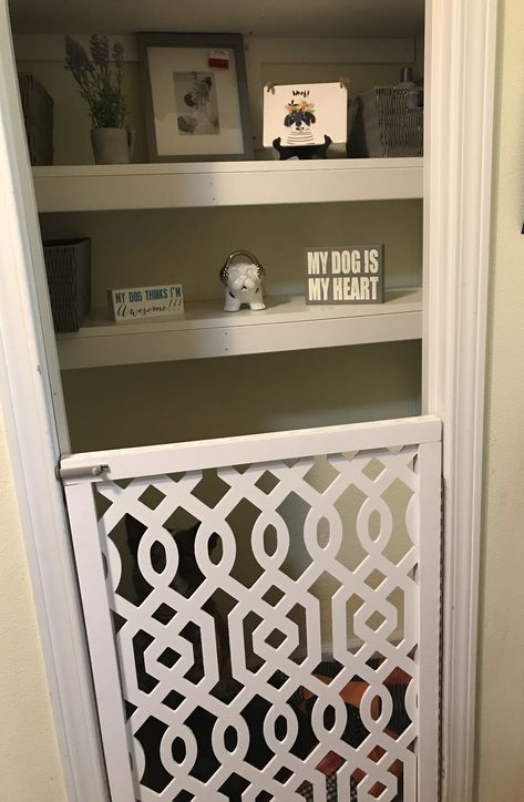 Turned our laundry room closet into a dog room. Shelves have baskets to hold treats,grooming supplies,toys and their flea meds. #dog #dogroom #closet #petcloset #petroom #pets Dog Room Closet, Diy Dog Room, Dog Nook, Dog Closet, Dog Bedroom, Puppy Room, Dog Spaces, Dog Room, Laundry Room Closet