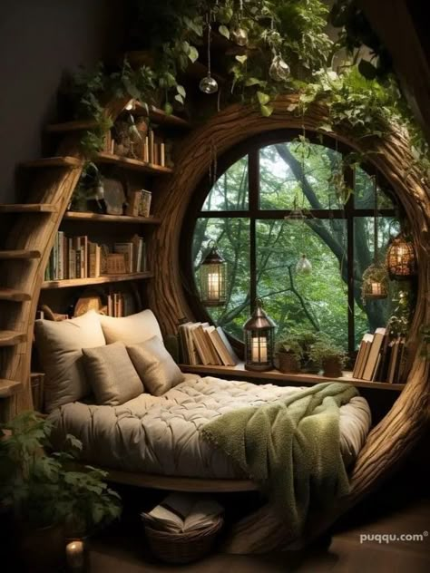 Abby Aesthetic, Forest Themed Bedroom, Apartment Ideas For Men, Forest Bedroom, Reading Spaces, Reading Corners, Dream Bedroom Inspiration, Fantasy Rooms, Home Library Design