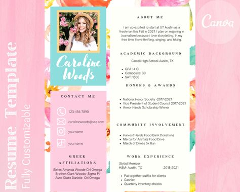 Colorful Resume Template -- Sorority Recruitment Template Creative Resume Template Canva Resume Instant Download Modern The Octavian Sorority Recruitment Packets, Sorority Recruitment Resume, Sorority Rush Resume, Sorority Resume Examples, Sorority Packets, Rush Resume, College Resume Template, Dream Company, Sorority Resume