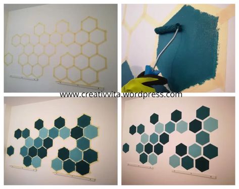 DIY hexagon wall painting – creativvita Watercolor Bedroom Ideas, Wall Painting In Bedroom, Wall Paint Designs Creative, Painting In Bedroom, Wallpaintings Ideas, Geometric Wall Paint, Wall Paint Patterns, Wall Painting Ideas, Hexagon Wall