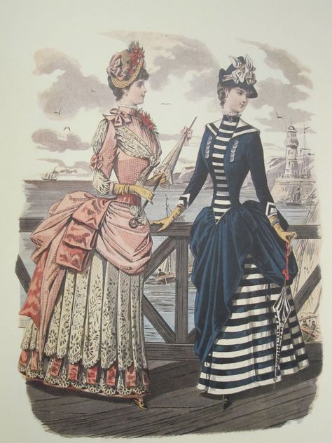 Seaside bustle dress around 1884 1880 Fashion, 1880s Fashion, 1800s Fashion, Bustle Dress, Victorian Costume, Spanish Fashion, 19th Century Fashion, Victorian Clothing, Old Fashion