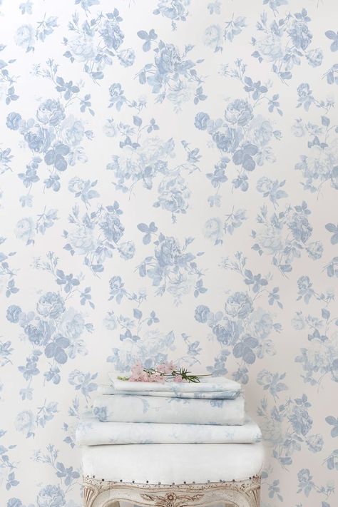 Loveshackfancy Wallpaper, Rose Duvet Cover, Blue And White Wallpaper, Blue Floral Wallpaper, Bow Wallpaper, Shades Of Light Blue, Nursery Room Inspiration, Shades Of Light, Standard Wallpaper