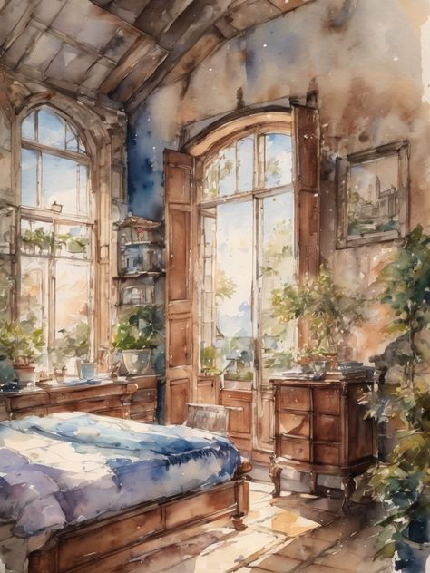 Cute vintage bedroom room,light blue color scheme, AI art, Watercolor painting Watercolor Room Painting, Light Blue Color Scheme, Room Light Blue, Watercolor Room, Interior Design Painting, Blue Academia, Interior Sketches, Cute Bedroom, Set Decoration