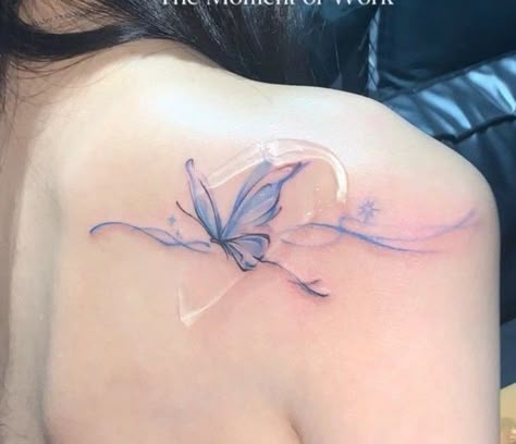 Shoulder Tattoo Butterfly, Back Shoulder Tattoo, Butterfly Back Tattoo, Small Pretty Tattoos, Blue Tattoo, Back Of Shoulder Tattoo, Subtle Tattoos, Elegant Tattoos, Simplistic Tattoos