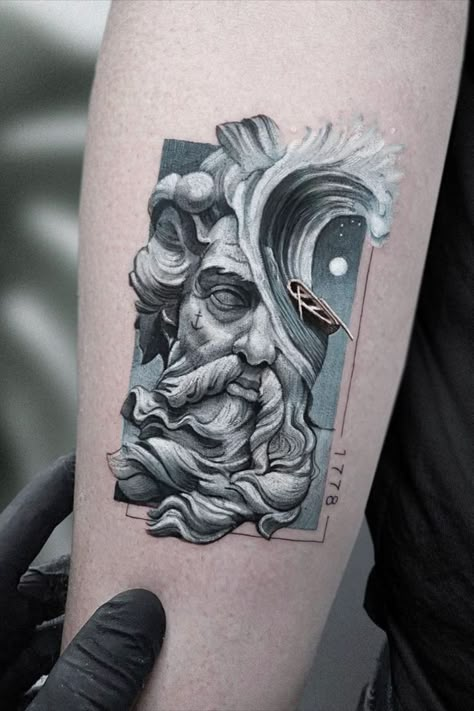 Neptune Color, Upper Leg Tattoos, King Neptune, Tato Minimal, Simple Tattoos For Guys, Mythology Tattoos, Leg Tattoo Men, Greek Tattoos, Modern Tattoos