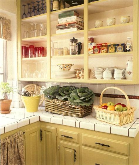 Thinking about fixing up the kitchen...I like the color of the cabinets and the countertops...Hmmmm Open Kitchen Cabinets, Kitchen Wall Shelves, Kabinet Dapur, Kitchen Cabinet Styles, Country Style Kitchen, Kitchen Storage Solutions, Smart Kitchen, Beautiful Kitchen, Storage Hacks