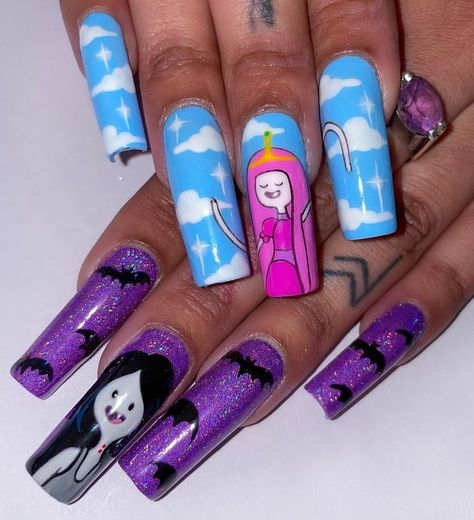 Cartoon Network Nail Art, Easy Character Nails, Short Character Nails, Regular Show Nails, Bmo Nails, Cartoon Network Nails, Adventure Time Nail Art, Mabel Nails, Character Art Nails