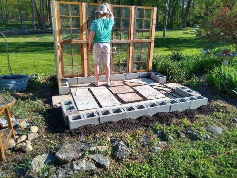 Diy Greenhouse Cinderblocks, Cinder Block Greenhouse, Diy Green House With Old Windows, Diy Greenhouse Windows, Greenhouse Foundations Ideas, Diy Greenhouse With Old Windows, Greenhouse From Old Windows, Old Window Greenhouse, Homemade Greenhouse