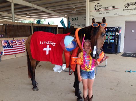 Lifeguard horse costume Livestock Costume Contest, Bay Horse Costume Ideas, Horse And Owner Costumes, Horse Show Costume Ideas, Horse Show Costumes, Cute Horse Halloween Costumes, 4h Costume Contest, Cute Horse Costumes, Easy Horse Halloween Costumes