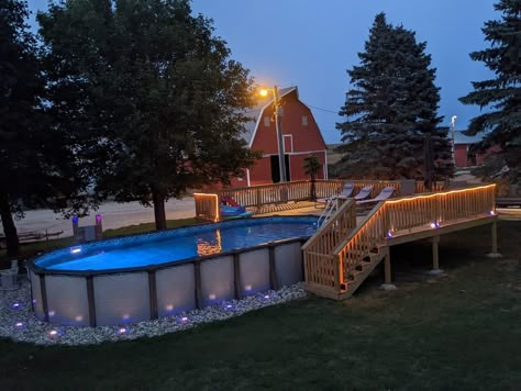 Gated Pool Ideas, Simple Above Ground Pool Landscaping, Above Ground Pool Ideas Rectangle, Pool And Hot Tub Deck, Above Ground Pool Deck Ideas Connected To House, Composite Deck Ideas Around Pool, Semi Inground Pool With Deck, Deck Leading To Pool, Above Group Pool Deck Ideas