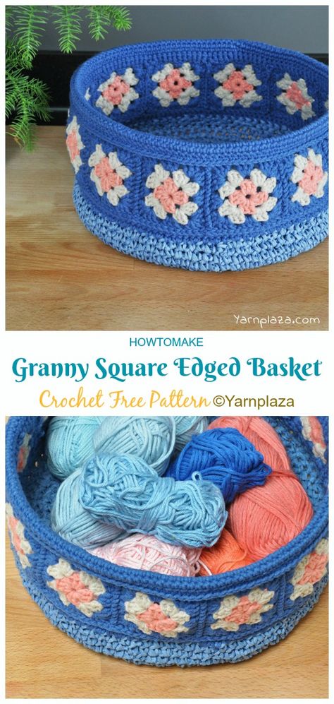 Granny Square Edged Basket Crochet Free Patterns - Crochet & Knitting Granny Square Basket, Crochet Storage Baskets Free Pattern, Crochet Storage Baskets Free, Granny Square Häkelanleitung, Square Basket, Crochet Free Patterns, Crochet Basket Pattern Free, Crochet Storage Baskets, Crochet Bowl