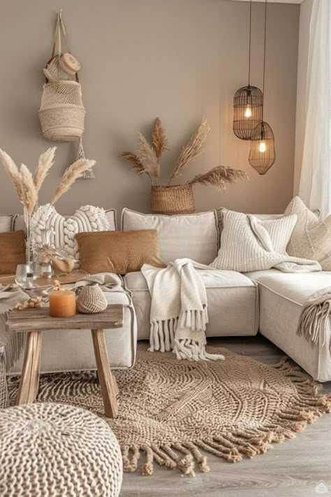 Boho Comfy Living Room, Living Room Beige Sofa, Beachy Boho Living Room, Studio Sofa, Boho Living Room Decor, Neutral Living Room, Deco Salon, Apartment Decor Inspiration, Boho Interior