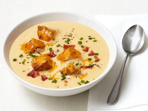 Get Apple-Cheddar Soup With Bacon Recipe from Food Network Cheesy Croutons, Apple Cheddar, Soup With Bacon, Bacon Recipe, Food Network Magazine, Cheddar Soup, Creamy Potato, Soup And Stew, Bacon Cheddar