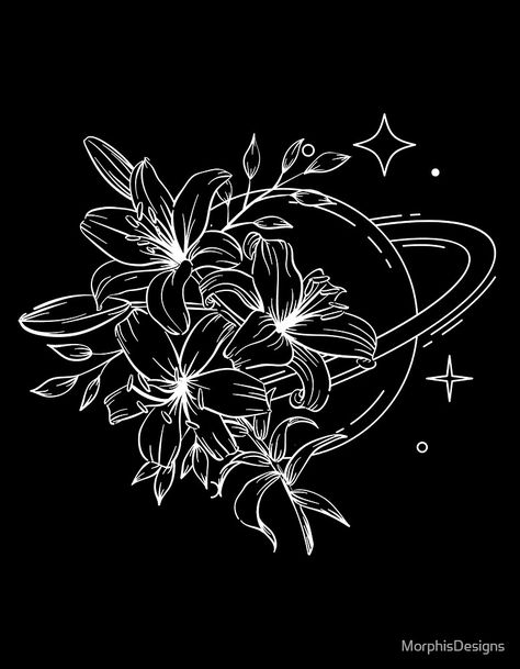 Floral Planet Tattoo, Space Flowers Tattoo, Space Aesthetic Tattoos, Saturn Planet Tattoo, Tattoo Doodles, Space Flowers, Black Background Design, Planet Tattoos, Planet Saturn