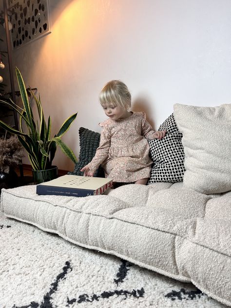 Tufted Floor Cushion, Boucle Bench, Floor Seating Cushions, Cozy Reading Corner, Daybed Cushion, Cushion Floor, Small Couch, Cozy Reading Corners, Kids Bedroom Inspiration