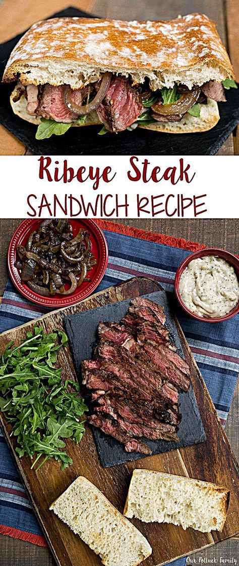 This Ribeye Steak Sandwich with blue cheese dressing, caramelized onions, and arugula on toasted ciabatta bread is the perfect mid-week meal! Ribeye Steak Sandwich - ad Ribeye Steak Sandwich Recipe @thefreshmarket #TheFreshMarket #TFMPrimeBeef #fooding #RecipeEbook #recipesandmelodies #recipesuccess #recipelover #foodvideography #recipesmom #RecipesThatCrock #recipebinder #recipesforfat #foodfestival #recipeedafata #recipesforyou #foodpassion #foodillustration Steak Lunch Ideas, Steak Sandwich Sauce, Ribeye Sandwich, Ribeye Steak Sandwich, Sandwich Steak, Steak Sandwich Recipe, Steak Lunch, Best Grilled Steak, Amazing Vegetarian Recipes