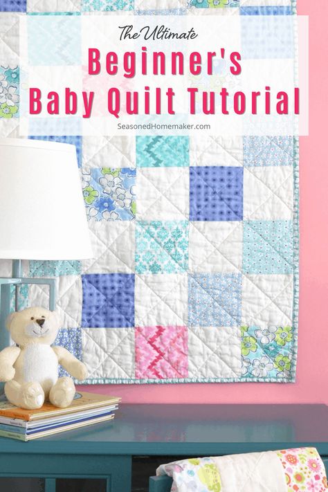 Learn to quilt with this DIY Ultimate Beginner's Baby Quilt Tutorial. This is an ultimate guide teaching how to use a charm pack to make a baby quilt. The tutorial teaches you everything you need to know about using a charm pack to make a quilt. Diy Baby Quilt For Beginners, Free Baby Quilt Patterns Printables, Baby Quilts Patterns Free, Easy Baby Quilts For Beginners, Charm Pack Baby Quilt, Baby Quilts To Make, Baby Quilts Easy, Free Baby Quilt Patterns, Easy Baby Quilt