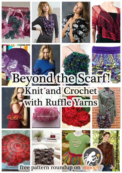 Ruffle yarns can make more than the ubiquitous twirly scarf! Here are 16 free patterns to knit and crochet with this fun novelty yarn! Ruffle Yarn Projects, Sashay Yarn Projects, Sashay Crochet, Ruffle Yarn, Sashay Yarn, Shrug Crochet, Cozy Crochet Patterns, Crocheted Hats, Novelty Yarn