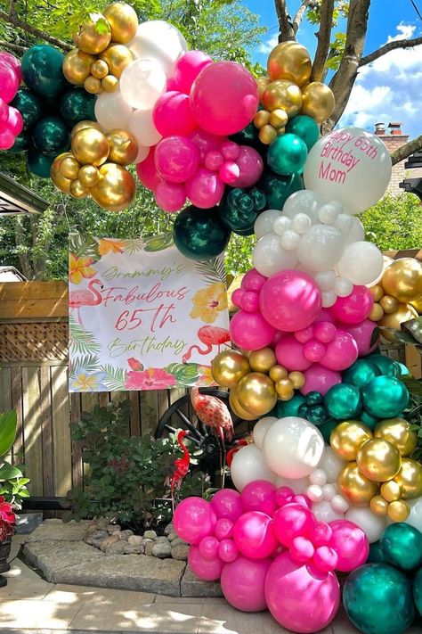 Create a tropical paradise at your next event with our Hawaiian Tropical Theme Balloons Garland Kit! Featuring vibrant green, hot pink, and metallic gold balloons, along with palm leaves, it's perfect for summer baby showers, birthdays, bachelorette parties, and weddings. Elevate your party decor and bring the island vibes to your celebration! 🌴🎈 #TropicalParty #BabyShower #BirthdayParty #WeddingDecor" Summer Party Birthday, Gold Theme Party, Happy 65 Birthday, Tropical Theme Party, Tropical Party Decorations, Fiesta Tropical, Summer Baby Shower, Luxury Party, Gold Theme