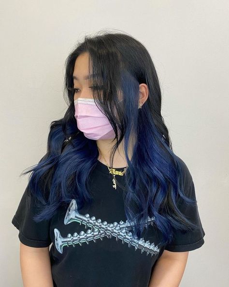 Under Hair Dye Blue, Blue Underdye Hair, Blue Hair Underneath, Blue Tips Hair, Hair Dyed Underneath, Ash Blonde Hair Balayage, Blue Hair Highlights, Hidden Hair Color, Dyed Hair Blue