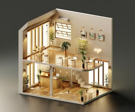 Architecture 3d Modeling, Model House Design, Blender Architecture, Inside Architecture, Minimal Cafe, Isometric Room, Cafe Store, Minimal House, Interior Model