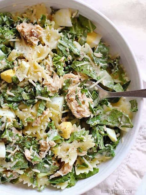 Kale, canned salmon, and pasta come together to make a budget-friendly and hearty salmon caesar salad that's perfect for your lunch meal prep. BudgetBytes.com Healthy Recipes With Canned Salmon, Meals With Canned Salmon, Canned Salmon Meal Prep, Recipes Canned Salmon, Tin Salmon Recipes, What To Make With Canned Salmon, Canned Salmon Pasta Recipes, Recipes Using Canned Salmon, Canned Salmon Recipes Healthy