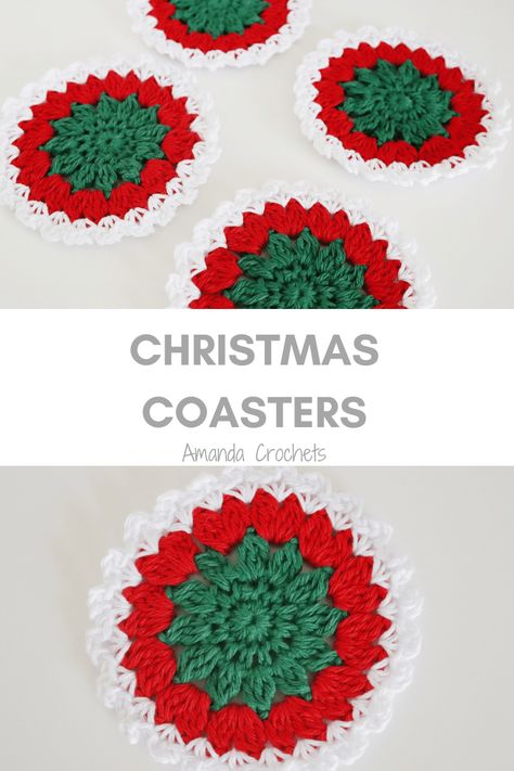 Christmas Coasters Free Crochet Patterns For Christmas Coasters, Crochet Xmas Coasters Free Pattern, Holiday Coasters Crochet, Free Crochet Christmas Coaster Patterns, Poinsettia Coaster Crochet, Christmas Coaster Crochet Pattern, Crocheted Christmas Coasters Pattern Free, Christmas Coasters Crochet Pattern, Crocheted Christmas Coasters