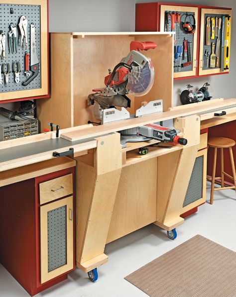 Miter Saw Station, Woodsmith Plans, Saw Station, Mitre Saw Station, Workbench Plans, Woodworking Workbench, Workshop Organization, Woodworking Workshop, Shop Storage