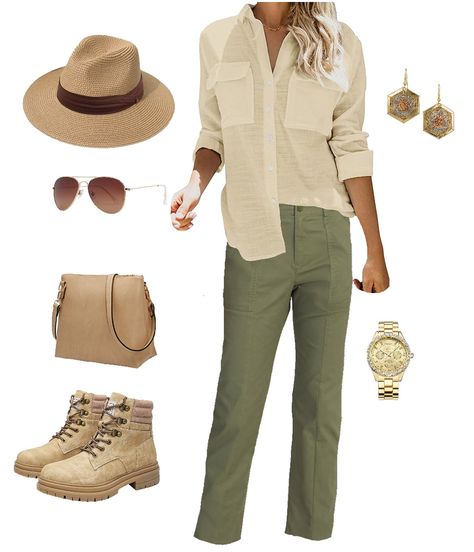 Olive green cropped trousers, beige cotton button down, tan hiking boots, tan crossbody bag and fedora hat, with gold jewelry and aviators. African Safari Outfit Plus Size, Explorer Outfit Women, Winter Safari Outfit Women, Female Explorer Outfit, Archeologist Outfit Women, Safari Theme Outfit Women, Explorer Outfit Adventure, Safari Outfit Ideas Women, Archeologist Outfit