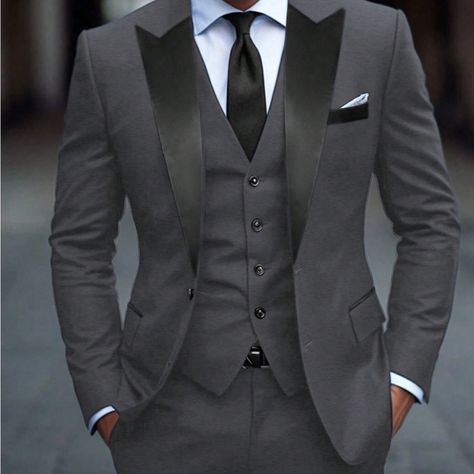 Suit Jacket & Pants Set, Mens Color Block Winter Wedding Tuxedo Three-piece Suit, Black Tux Groom Grey Suit Groomsmen, Elegant Black Double-breasted Wedding Suit, Tailored Black Three-piece Wedding Suit, Black Double-breasted Winter Suit With Notch Lapel, Grey Tuxedo Wedding, Father Of The Bride Attire, Vintage Wedding Suits, Linen Suits For Men