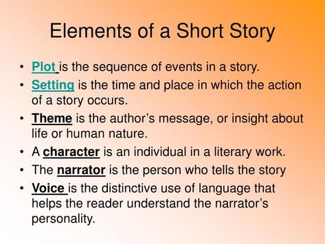 Elements of a Short Story. Plot is the sequence of events in a story. Setting is the time and place in which the action of a story occurs. Theme is the author’s message, or insight about life or human nature. A character is an individual in a literary work. Elements Of Short Story, Elements Of A Short Story, Middle School Short Stories, Elements Of A Story, Story Tips, Positive Affirmations For Kids, School Slp, Sequence Of Events, Essay Writing Skills