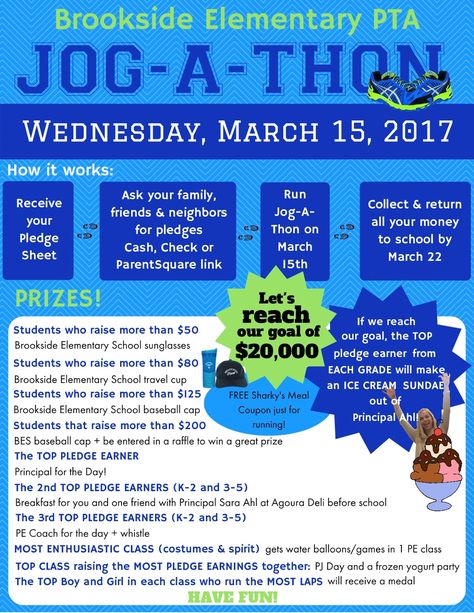 2017 Brookside PTA Jog-A-Thon Fundraiser! | ParentSquare Elementary School Fun Run, Jog A Thon Prizes, Walk A Thon Fundraiser, School Walkathon Ideas, Jog A Thon Poster Ideas, School Fun Run Ideas, Jog A Thon Ideas, Fun Run Ideas School, Jogathon Ideas