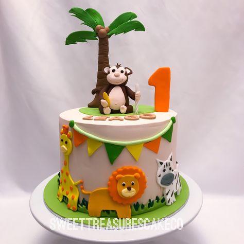 Safari Cake Design Jungle Animals, Safari Cake Simple, Jungle Theme Birthday Cake Simple, Jungle Theme Birthday Party Cakes, 1 Shape Cake, Zoo Animal Birthday Cake, Simple Safari Cake, Safari Cake Design, Zoo Theme Birthday Cake