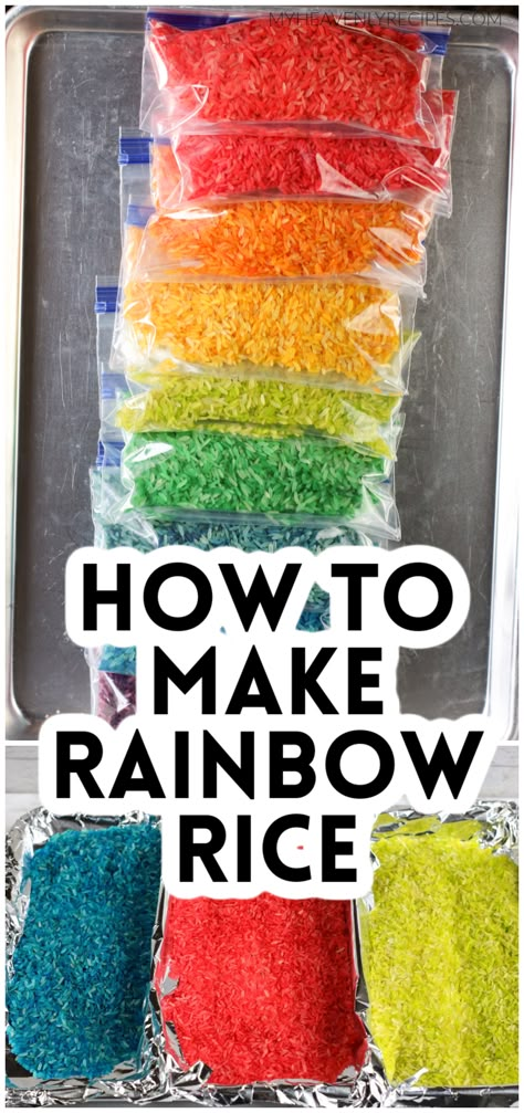 Dyed Rice Crafts, Diy Rainbow Crafts Ideas, Color Rice Diy, Cheap Sensory Ideas, Easter Sensory Table Ideas, Cheap Diy Sensory Bins, How To Color Rice, How To Dye Rice, Rice Crafts Ideas