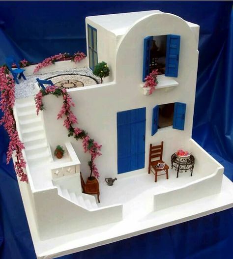 Greek House, Incubus, Miniature Houses, Miniature Crafts, Miniature House, Miniature Model, Fairy Houses, Straight Lines, Mini House