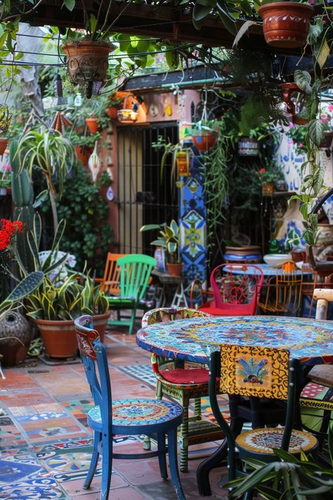 Whimsical Patio Perfection: Ideas to Create an Outdoor Oasis - Quiet Minimal Mexican Outdoor Decor Patio, Persian Courtyard, Mexican Outdoor Decor, Whimsical Patio, Patio Mexicano, Mexican Patio Ideas, Mexican Backyard, White Bedroom Design Ideas, Mexican Courtyard