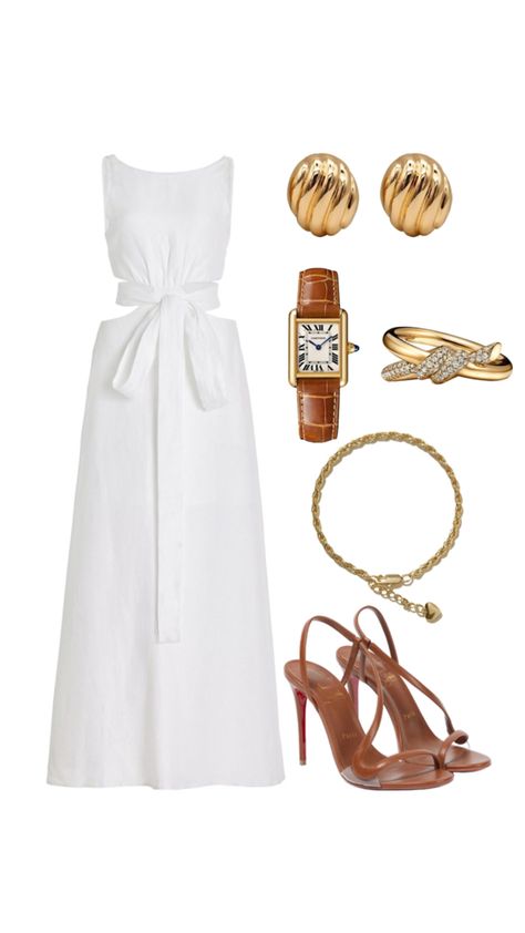 White dress, brown heels, brown and gold watch, gold jewelry Brown Watch Outfit, Gold And White Outfit, Outfit Ideas Aesthetic, Casual Work Outfits Women, Classy Gowns, Modesty Outfits, Heels Brown, Spring Outfit Ideas, White Summer Dress