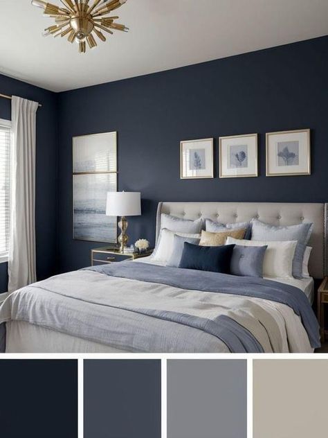 Blue Grey And Gold Bedroom, Dark Blue Master Bedrooms Decor, Blue White And Grey Bedroom, Navy Grey Bedroom, Bedroom Color Schemes For Couples, Gray And Navy Bedroom, Navy And White Bedroom Ideas, Grey And Navy Bedroom, Blue Accent Bedroom