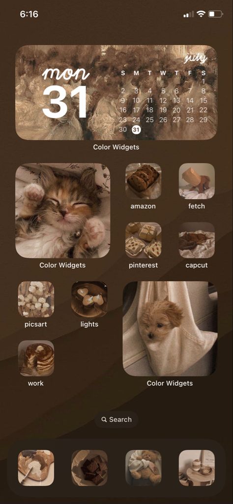 Brown Aesthetic Homescreen Layout, Academia Iphone Layout, Cat Homescreen Layout, Brown Iphone Homescreen, Layouts Homescreen, Dark Homescreen Ideas, Brown Iphone Layout, Brown Ios Layout, Brown Homescreen Layout