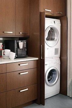 How We Installed a Washer Dryer in the Kitchen (NYC Apartment) Laundry In Kitchen, Laundry Nook, Hidden Laundry, Small Laundry Room Organization, Stackable Washer And Dryer, Laundry Cabinets, Laundry Closet, Small Laundry Rooms, Small Laundry Room