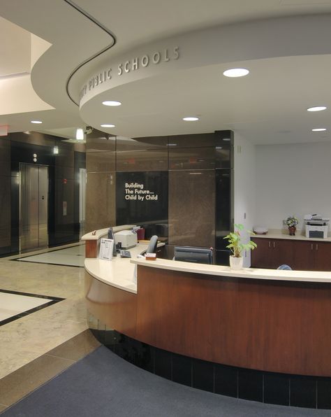 Front Office School Decor Reception Areas, High School Front Office, Highschool Front Office, University Reception Design, School Lobby Design Entrance, School Interior Design Lobby, Medical Receptionist Aesthetic, Secretary Office Design, Front Desk Aesthetic